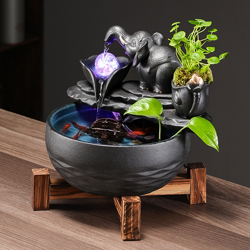 大象流水摆件循环水车风水轮水晶球喷泉招财客厅办公桌面陶瓷鱼缸