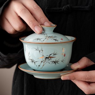 官窑天青富竹三才盖碗茶具高档家用办公室不烫手陶瓷泡茶碗茶杯