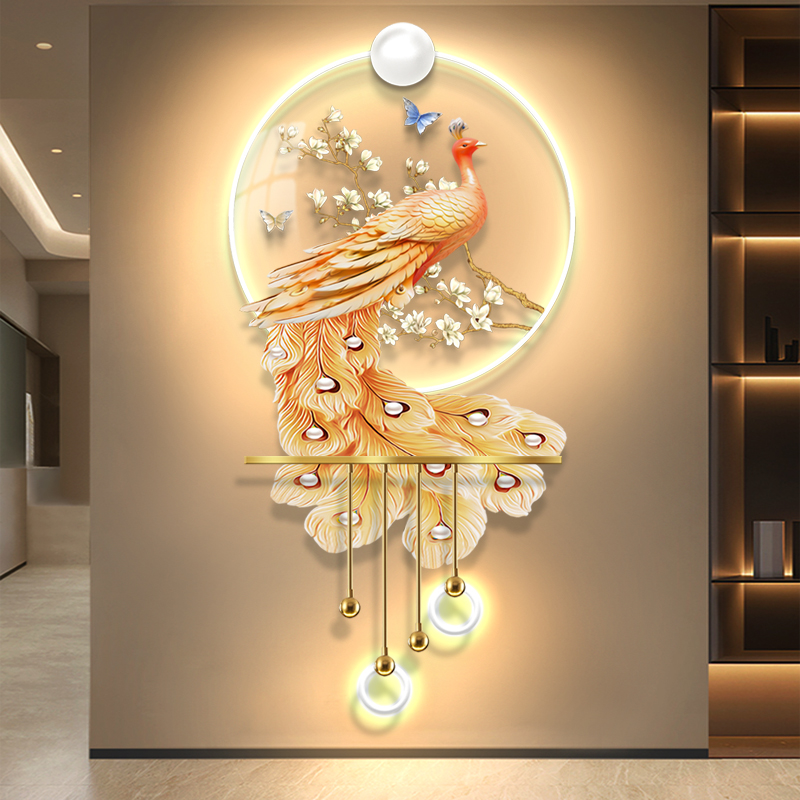 孔雀现代轻奢玄关装饰画感应LED灯光挂画走廊立体发光艺术壁灯图片