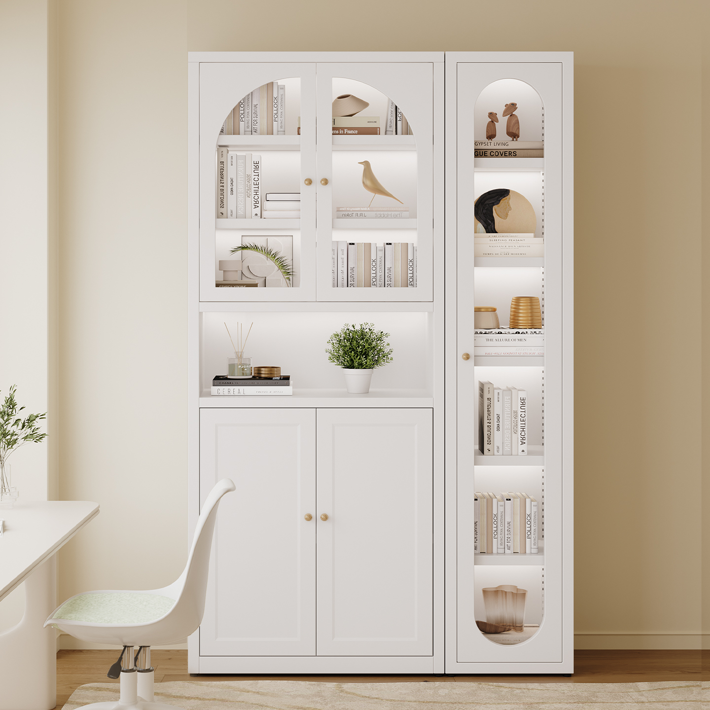 澎木钢制不锈钢奶油风书柜防尘