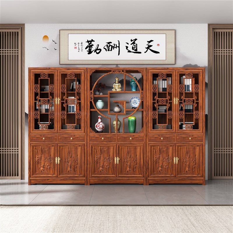 中式实木带门书柜书架新款三榆木展示柜玻璃书房办公室用仿古