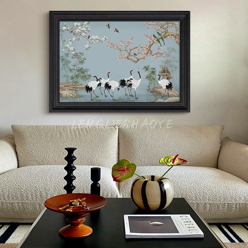 法式中仙鹤图书房卧室饰挂画宋代美学鸟客厅玄关手绘油画图片