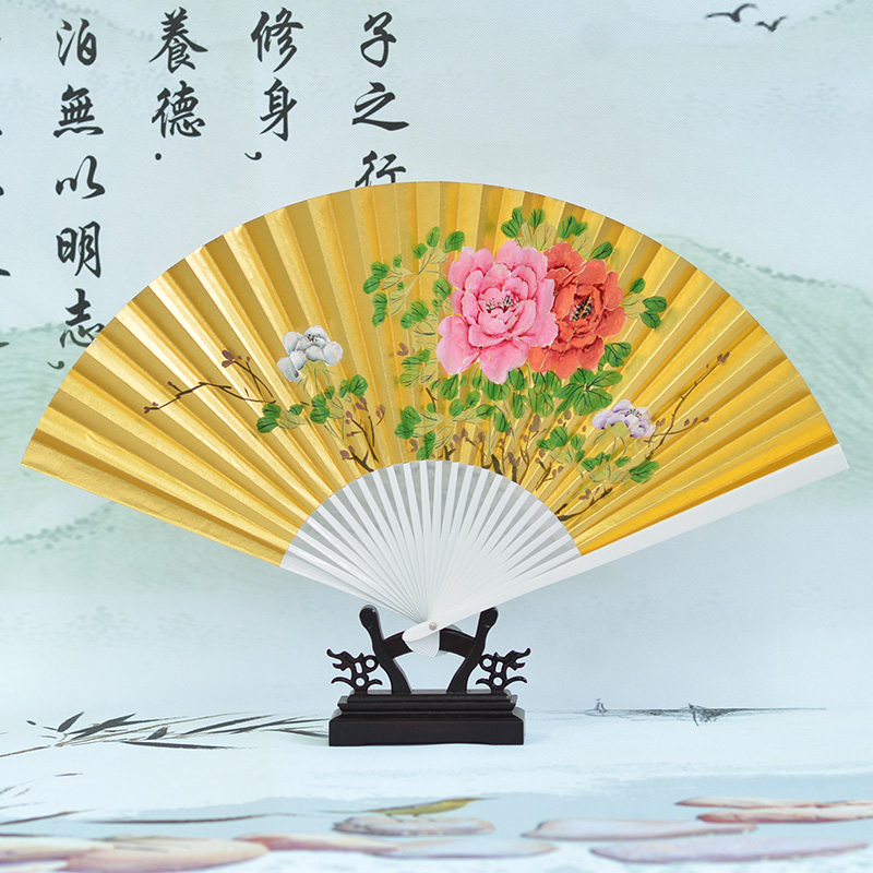 丝艺堂9.5寸泥金纸扇戏曲扇子 中国风折扇双面手绘画工艺扇男牡丹