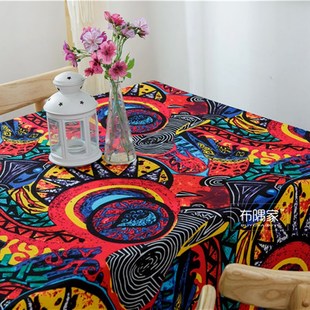 复古酒吧咖啡厅美术画室抽象东南亚民族风桌布布艺棉麻茶几布