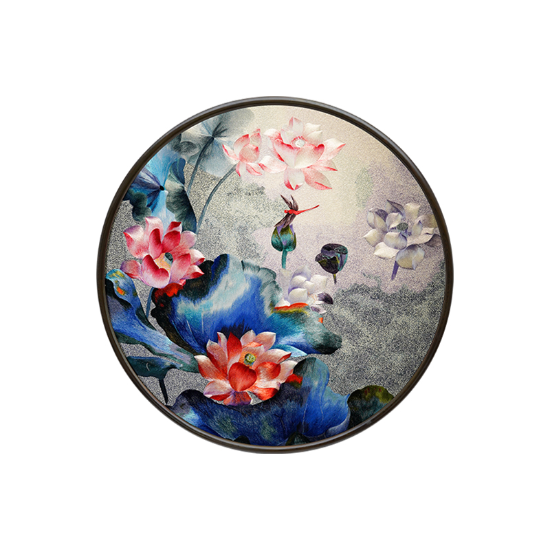圆形手工苏绣满堂荷彩刺绣画饭厅入户玄关沙发背景墙成品装饰画图片