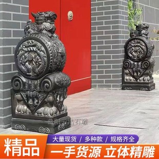 石雕门墩抱鼓石一对仿古做旧貔貅麒麟石狮子门口庭院招财摆件