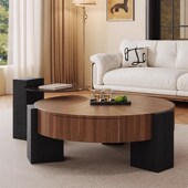 意式 简奢圆形茶几家用客厅小户型高级感实木中古风胡桃木茶几组合