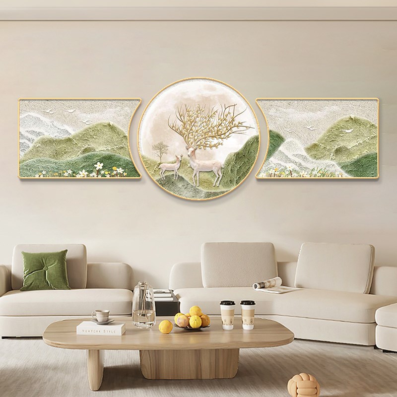 绿色系风景客厅装饰画寓意好麋鹿招财壁画办公室书房高级轻奢挂画图片