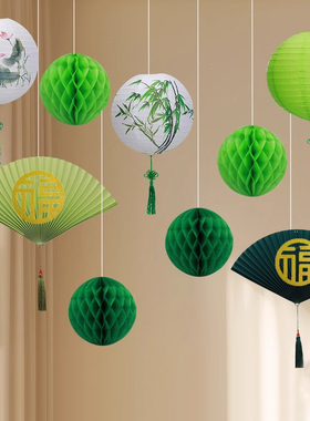 绿色中式纸扇花橱窗悬吊式天花板挂件国潮吊饰纸扇灯笼墙面装饰中