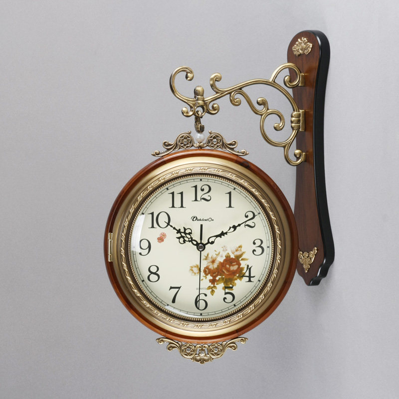 欧式实木双面挂钟黄铜饰圈创意挂表家居客厅卧室时钟表