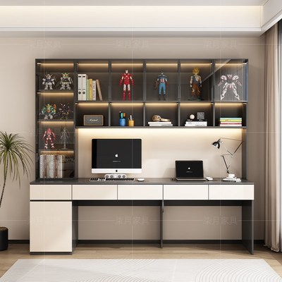 双人书桌学生家用电脑桌书柜台式简约现代书架一体写字桌实木学习