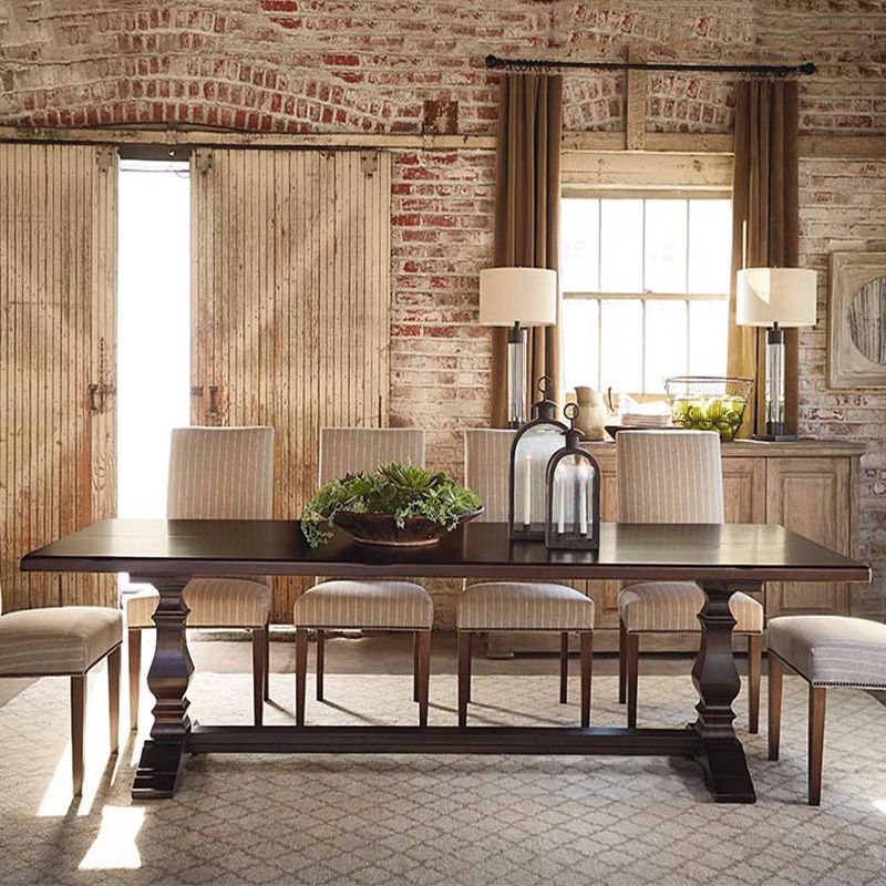 美式复古实木餐桌法式家用客厅饭桌长方形罗马柱做旧长桌椅组合子