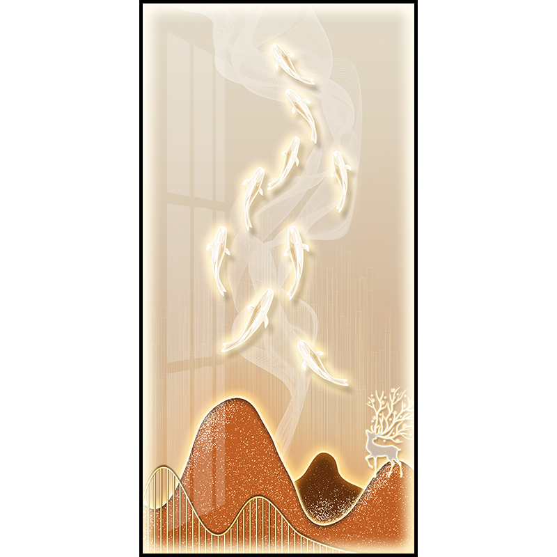 轻奢玄关对门过道装饰画新中式九鱼图挂画轻奢遥声控带灯墙饰壁画