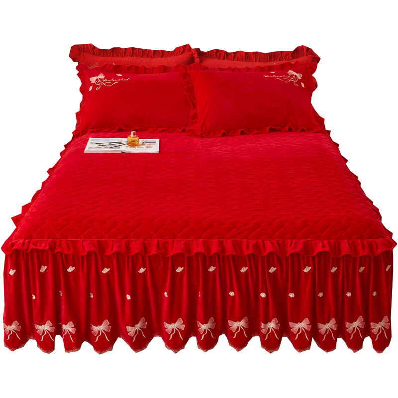 加厚保暖宝宝绒床裙三件套夹棉加绒婴儿珊瑚绒结婚红色床套罩单件