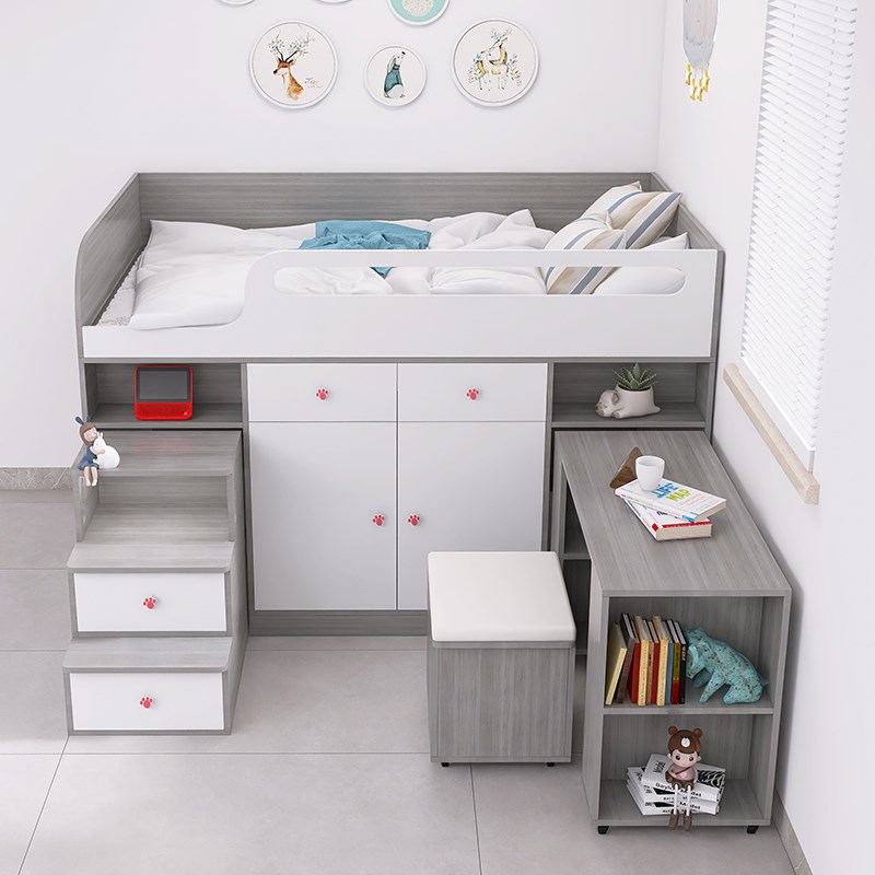 女孩半高床儿童房小户型卧室实木上床下衣柜带推拉书桌一体组合床