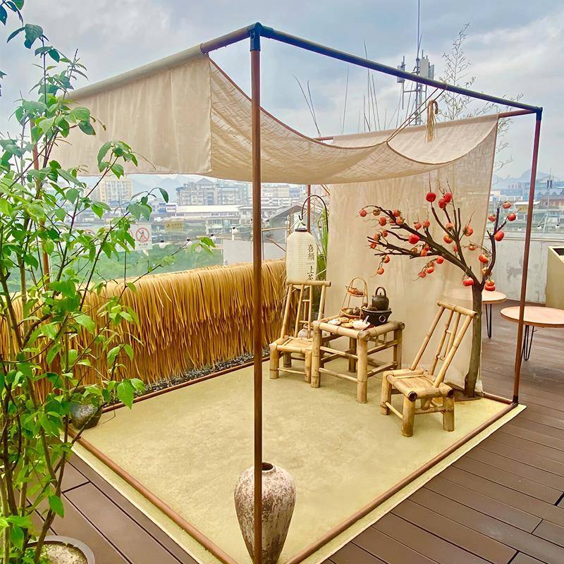 古风场景布置户外纱幔吊顶布幔亚麻布料天花吊顶帷幔茶寮装饰挂布