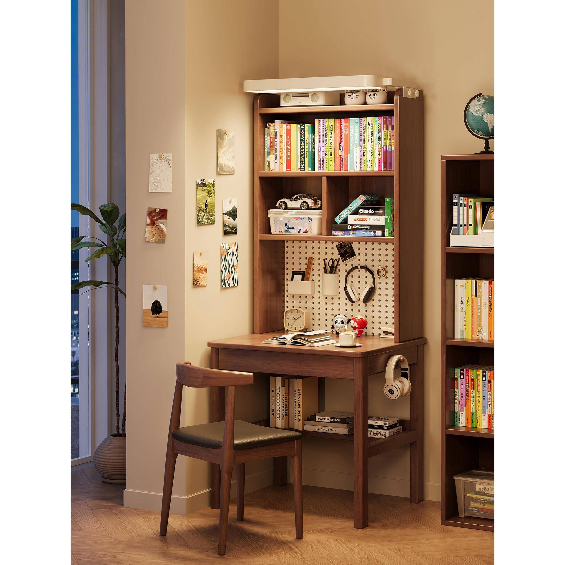实木书桌书架一体学习桌带灯学生家用电脑桌小户型靠墙窄桌写字桌