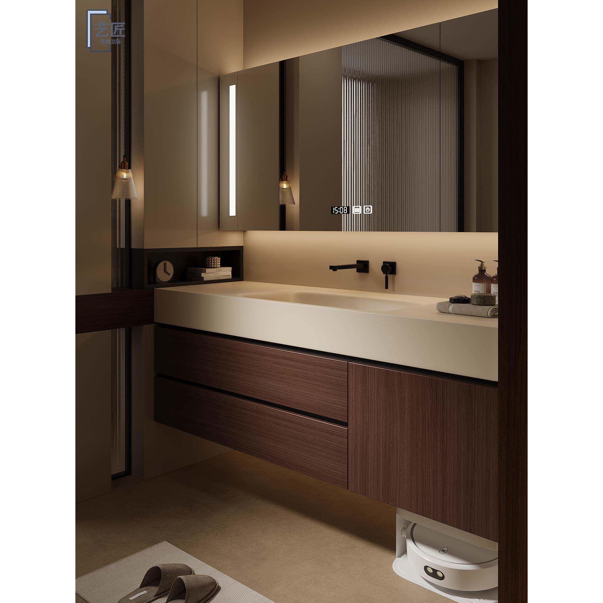 中古风岩板热弯一体盆扫地机器人浴室柜组合洗手洗脸池可丽耐定制