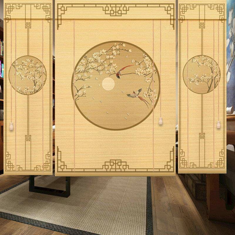 【定制】多联画印花竹帘卷帘隔断门帘窗帘中式复古直播背景墙客厅