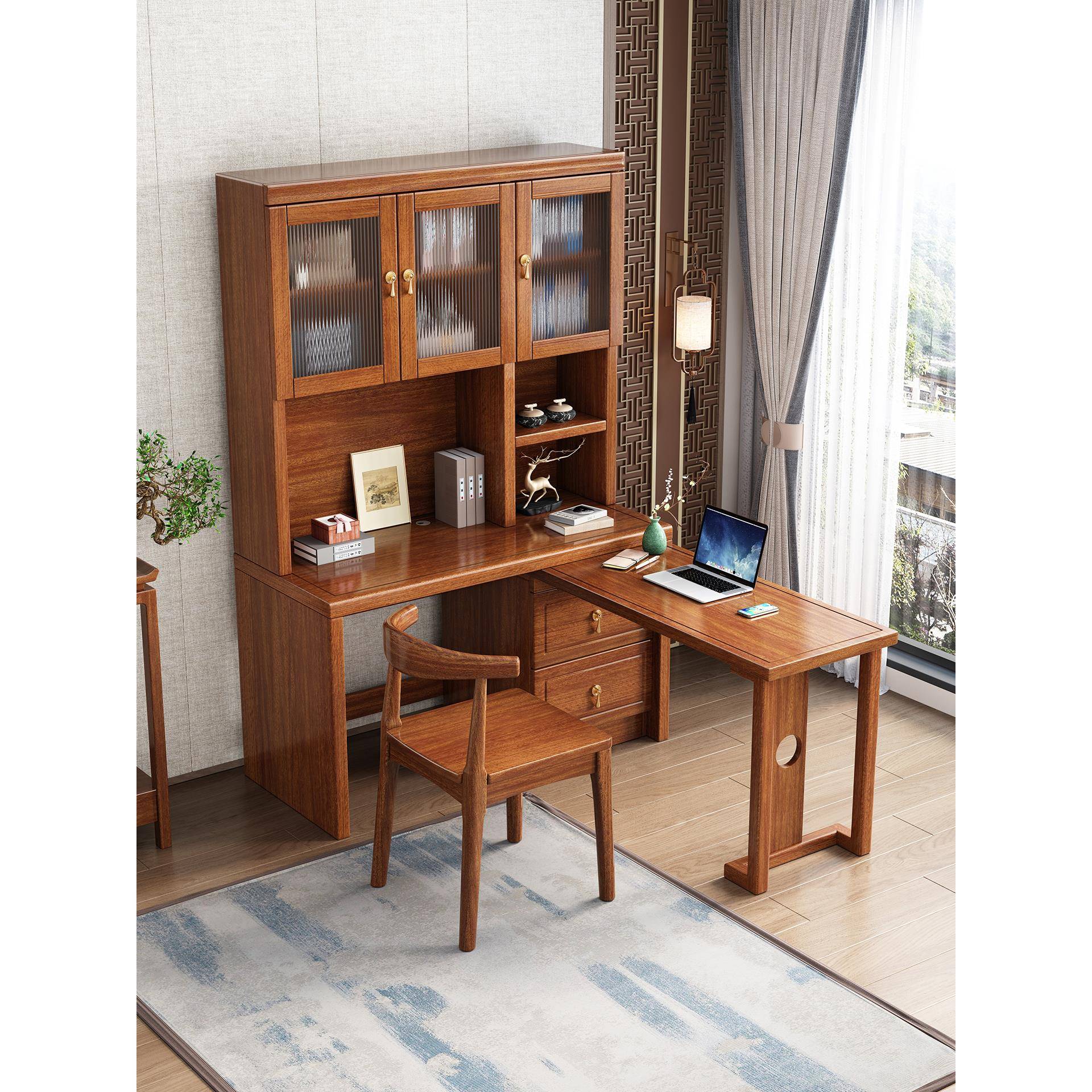 实木书桌书架一体家用胡桃木电脑桌书柜转角可旋转写字台现代简约