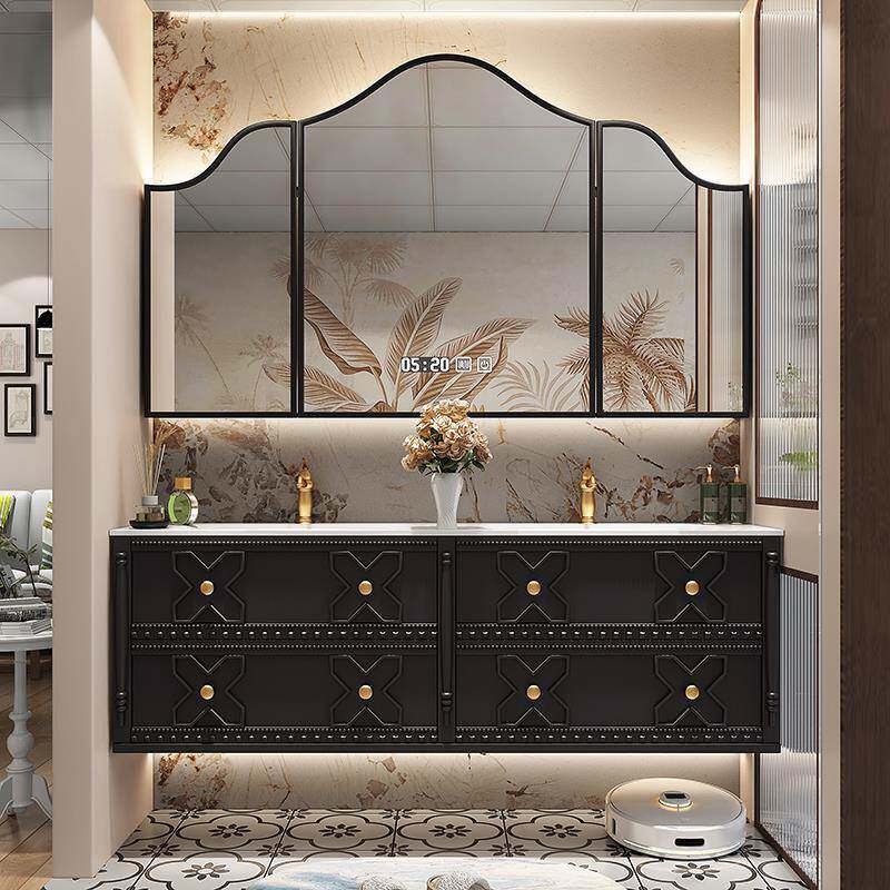 定制法式覆古浴室柜洗漱台岩板热弯一体盆陶瓷卫生间洗手盆烤漆柜