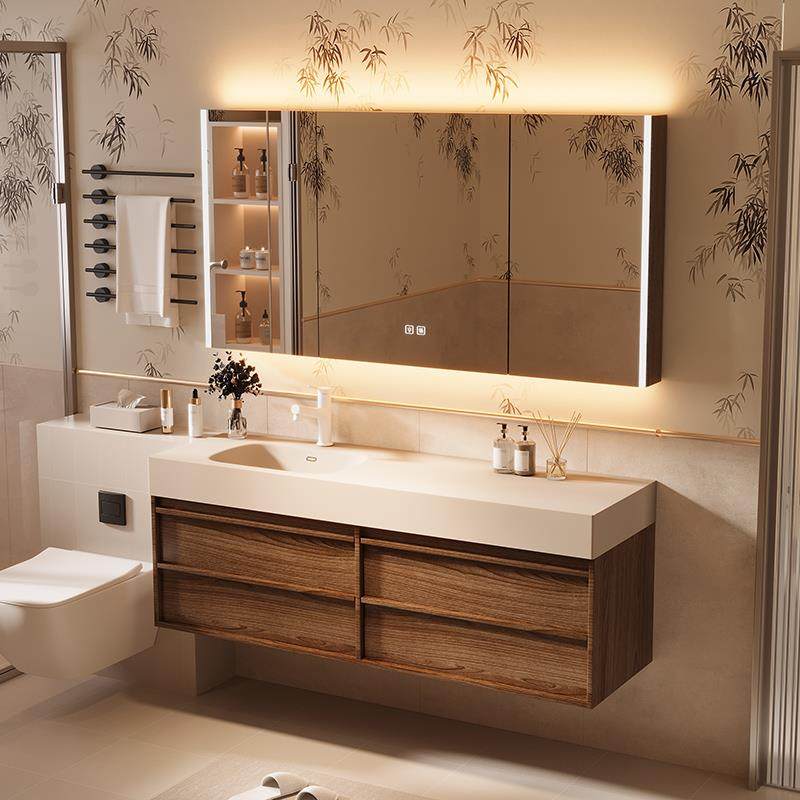 楠家匠覆中古风岩板无缝热弯一体盆洗漱洗脸洗手盆浴室柜组合