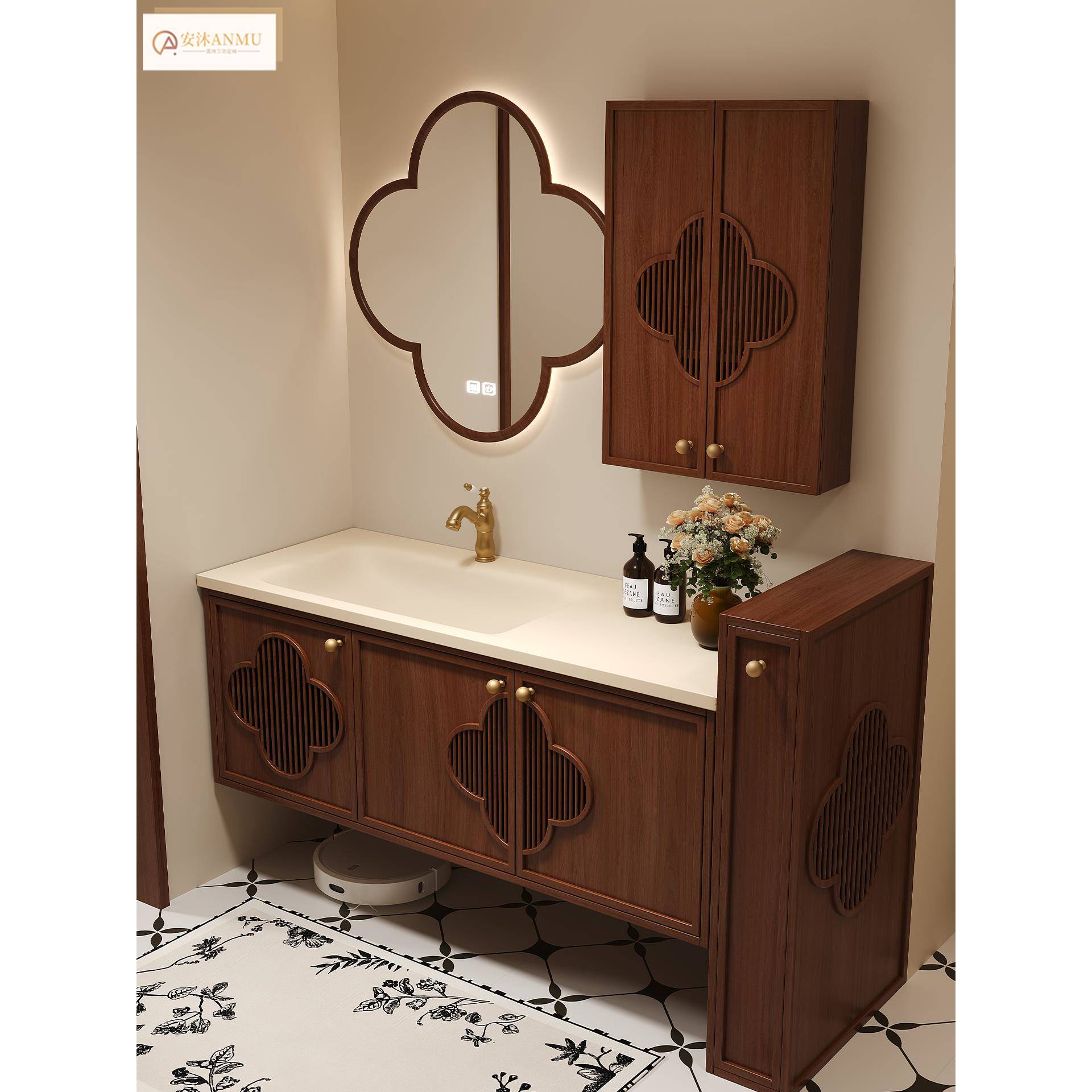宋氏美学中古风骨骼线岩板热弯一体盆梅花镜子浴室柜组合洗手漱台