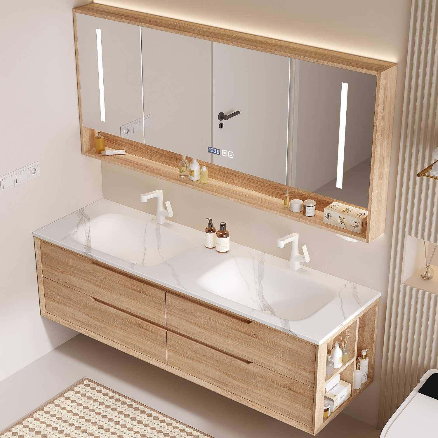 原木风岩板热弯一体单双盆浴室柜组合洗脸盆洗漱台卫浴佛山定制柜