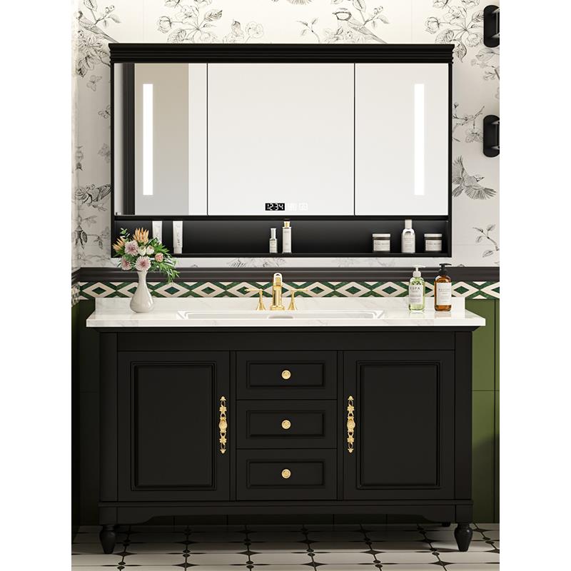 美式橡木简约浴室柜组合卫生间落地式陶瓷岩板智能洗手洗脸台盆柜