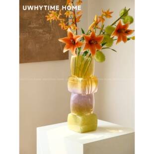 无为时间馆原创彩色方糖中古琉璃玻璃花瓶小众高级感插花玄关摆件