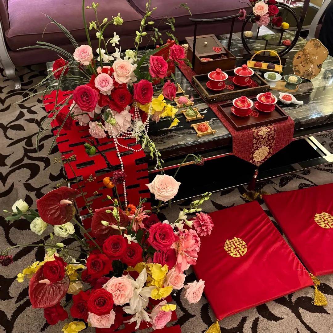 结婚客厅茶几装饰喜字摆件婚房布置套装新中式订婚宴婚礼敬茶套装