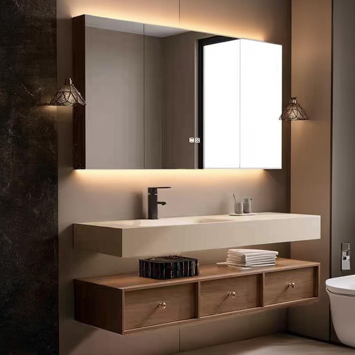 诧寂中古风浴室柜组合岩板热弯一体盆双层洗漱台定制卫浴洗手脸池