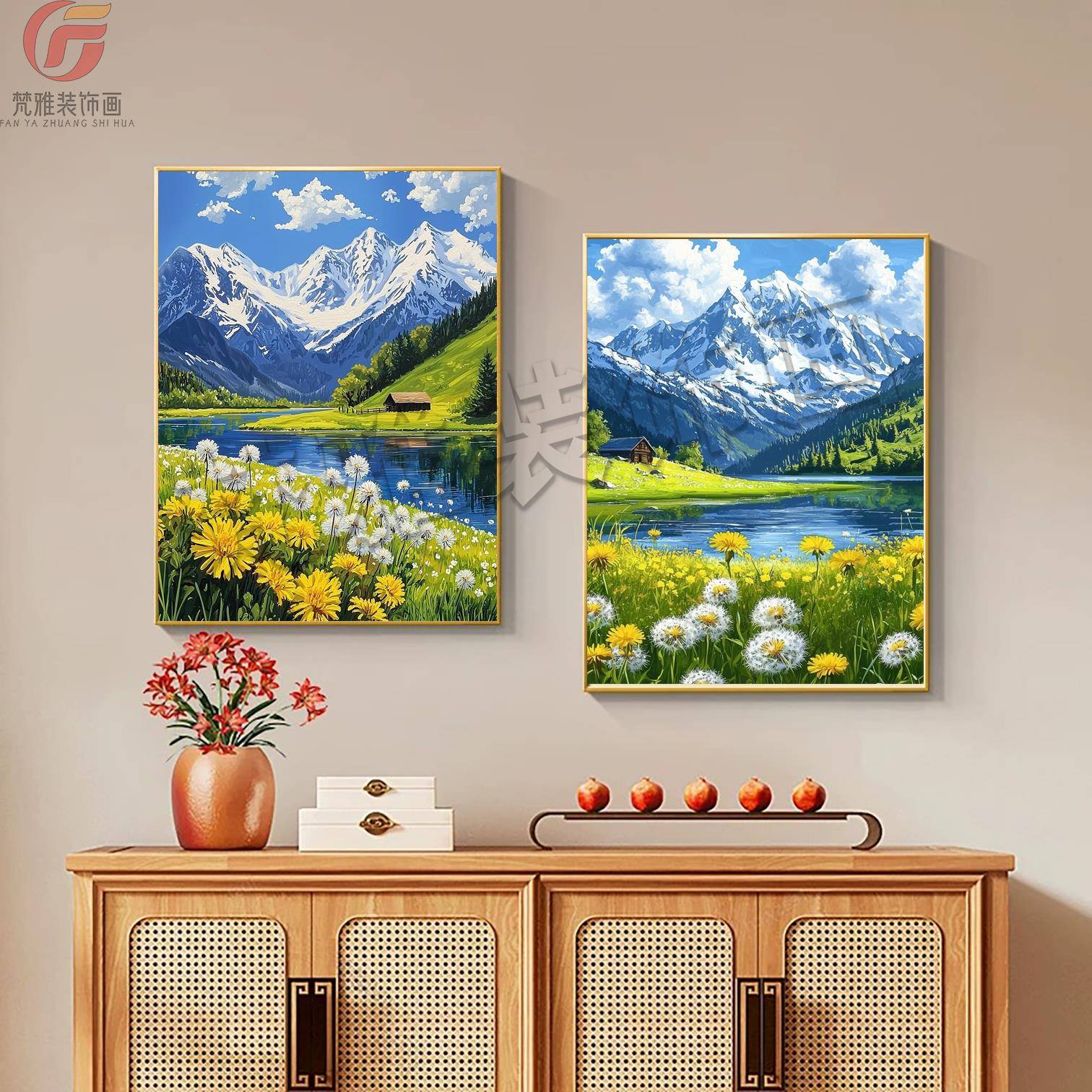 宫崎骏治愈风景装饰画奶黄简约客厅卧室挂画北欧艺术自然风光壁画图片