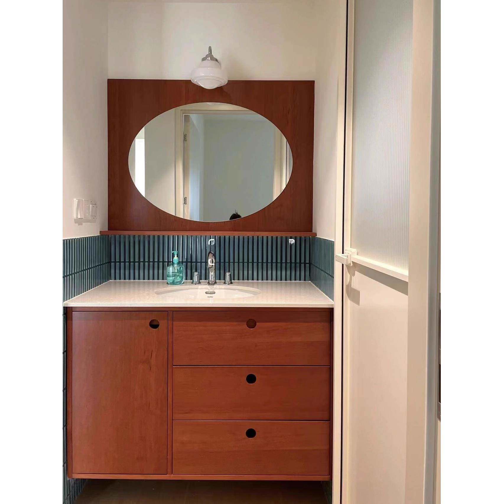 实木中古风浴室柜组合陶瓷一体盆洗手台覆古烤漆定制浴柜洗漱台