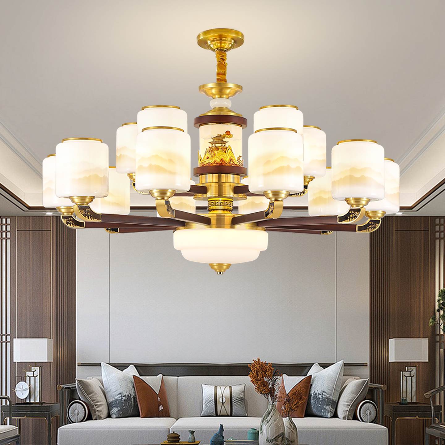新中式吊灯客厅主灯全铜实木2025新款别墅复式楼大厅餐厅茶室灯具