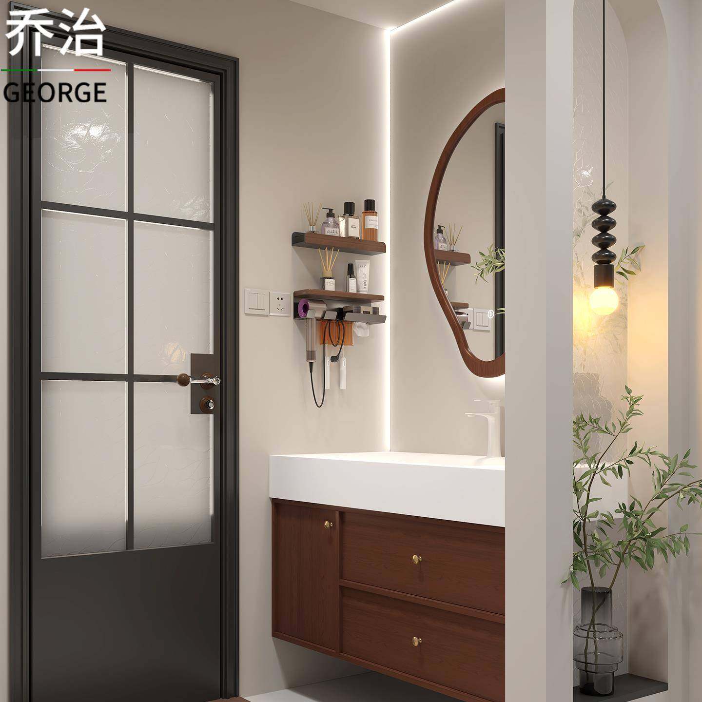 中古风岩板热弯一体盆浴室柜组合卫生间洗漱台洗手脸盆卫浴柜定制