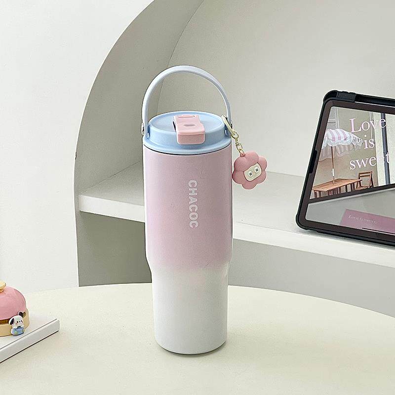 大容量渐层色保温水杯带吸管手提可携式随行女生高颜值保冷冰霸杯