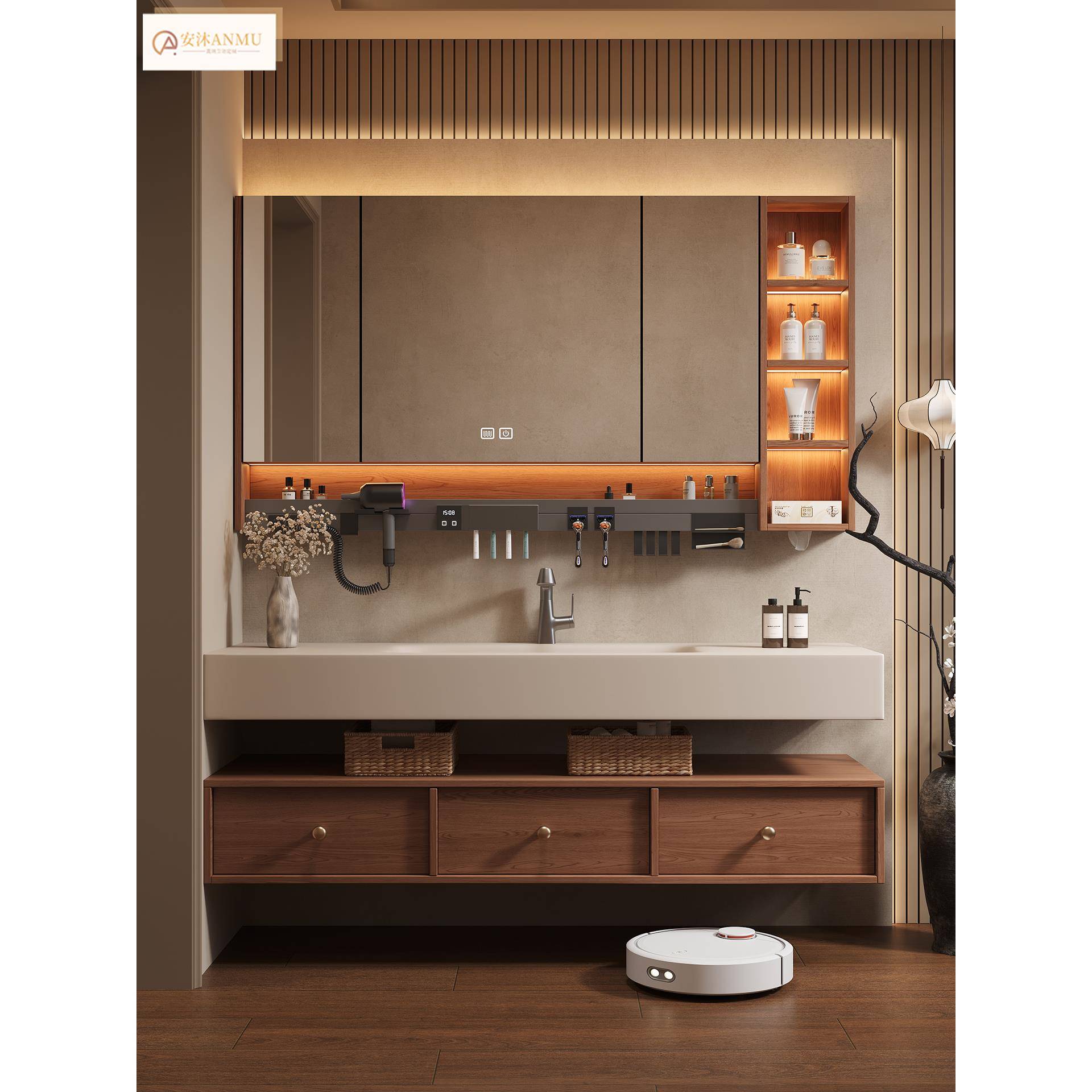 中古风胡桃色多功能置物架分体骨骼线浴室柜组合岩板热弯一体脸盆