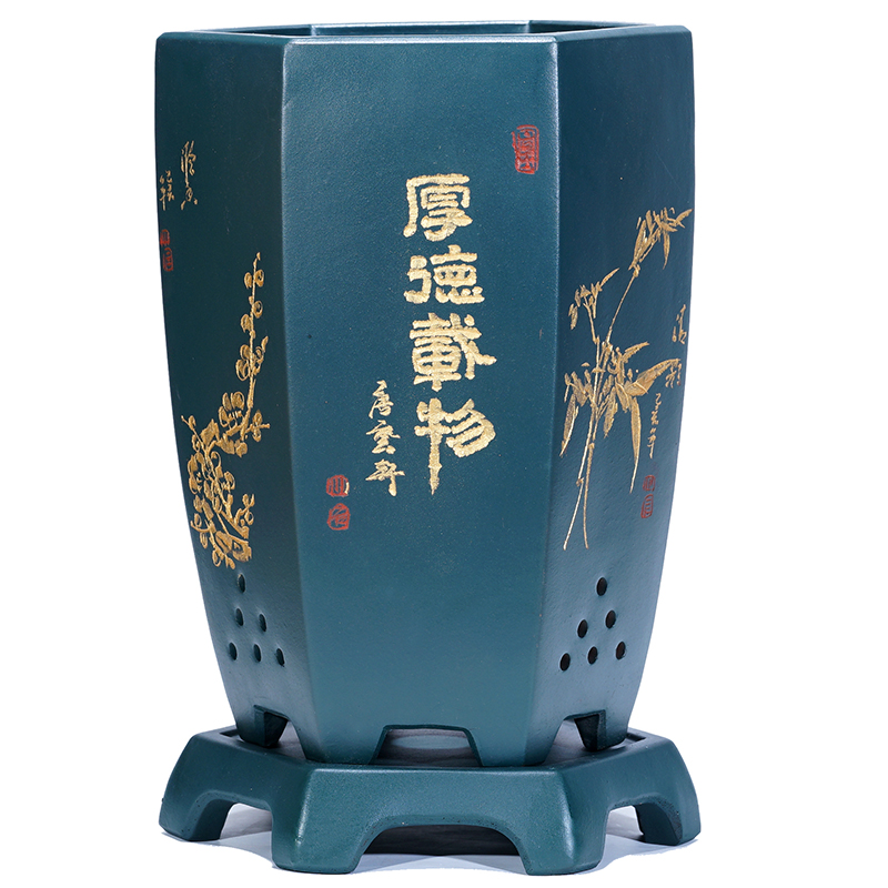 宜兴紫砂花盆吊兰花盆带底座大号六方手工绿萝盆景盆古典陶瓷透气