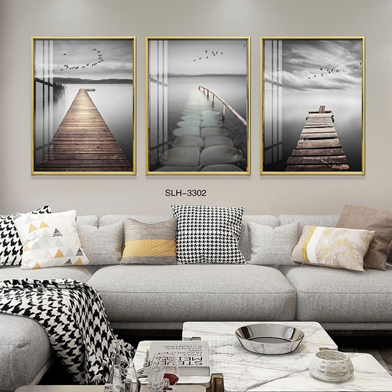 现代轻奢客厅装饰画中式沙发背景墙装饰壁画晶瓷画创意三联客挂画图片