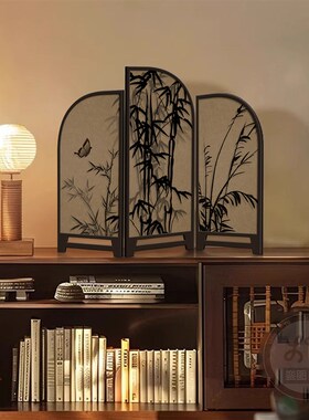 复古电视柜摆件中式墨竹茶室桌面玄关柜边柜装饰可折叠屏风小摆件