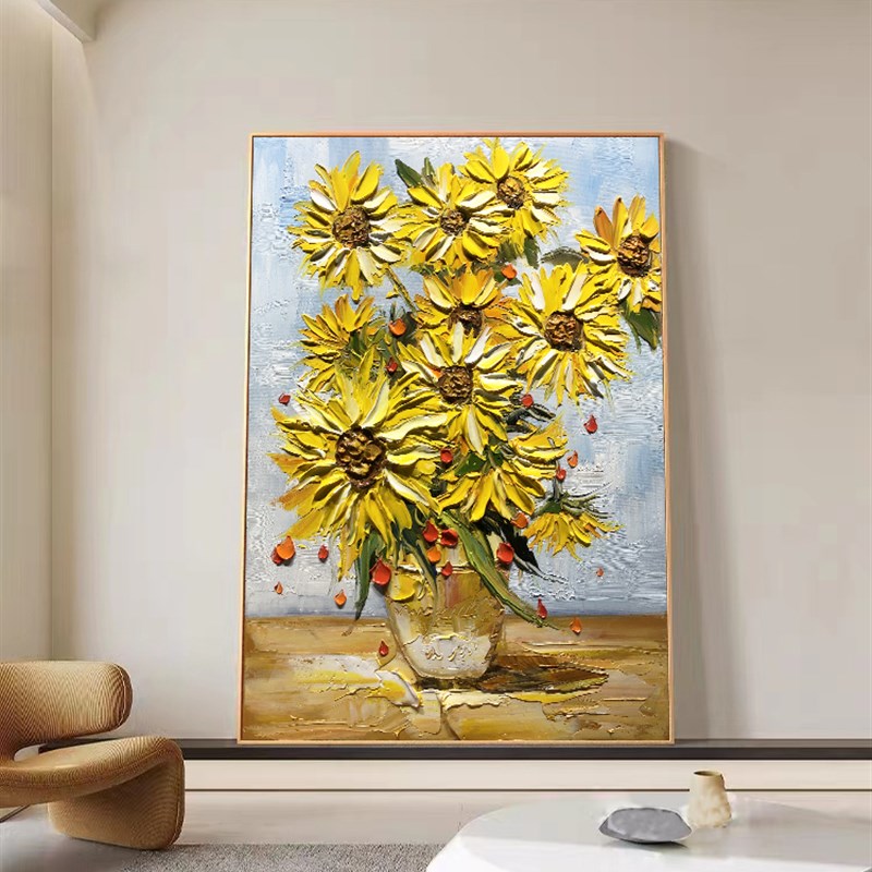 梵高向日葵纯手绘油画花卉玄关背景墙装饰画现代客厅餐厅立体挂画图片