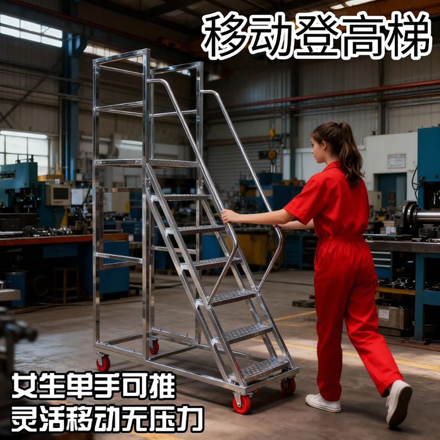304不锈钢可移动平台登高梯检修平台登高带轮爬梯工厂上料登高车