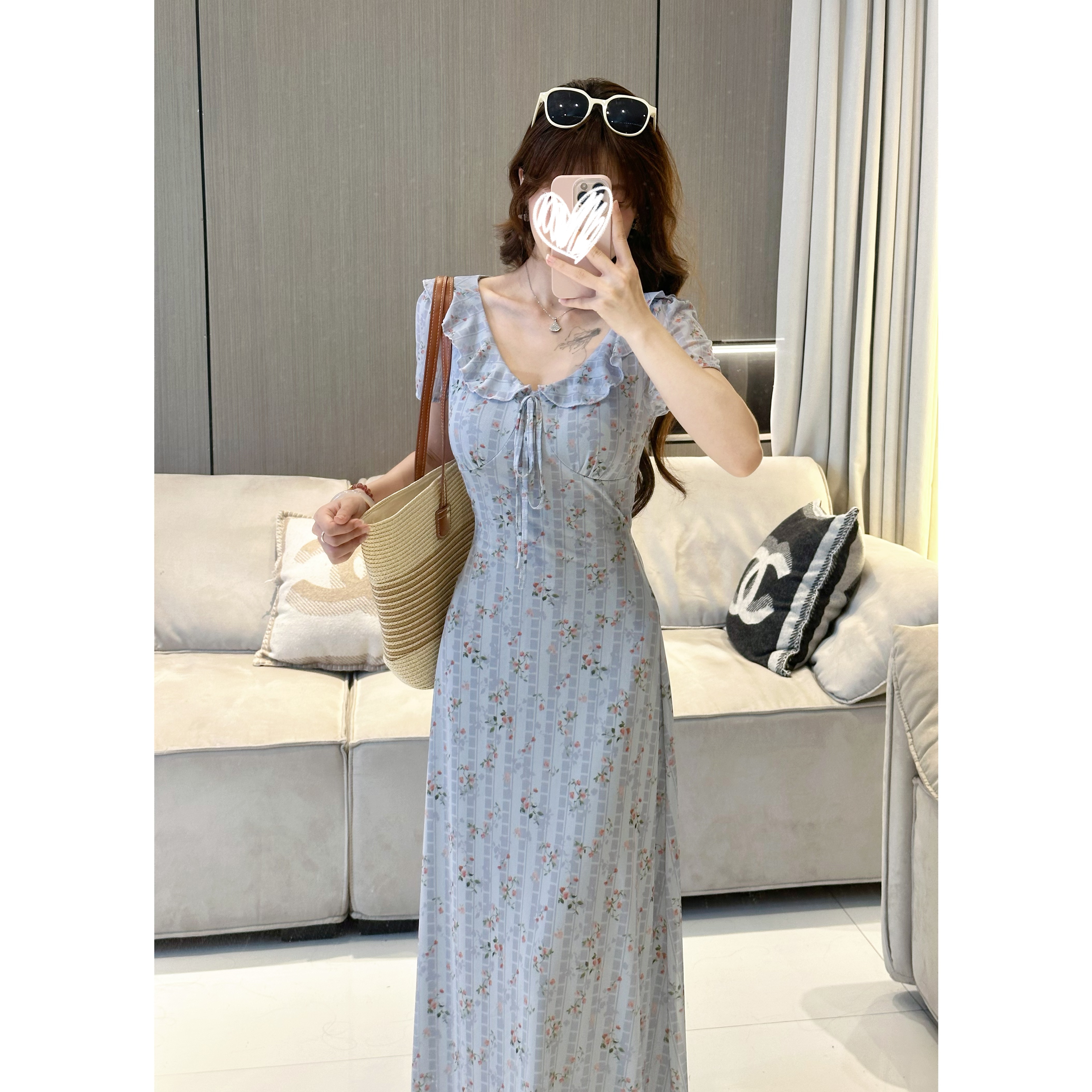 法式复古U领木耳边系带碎花短袖连衣裙女夏季收腰ZWY028