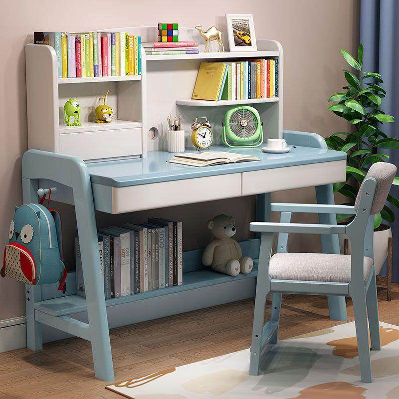 带书架儿童学习桌子中小学生实木书桌小孩子可升降家用课桌椅套装