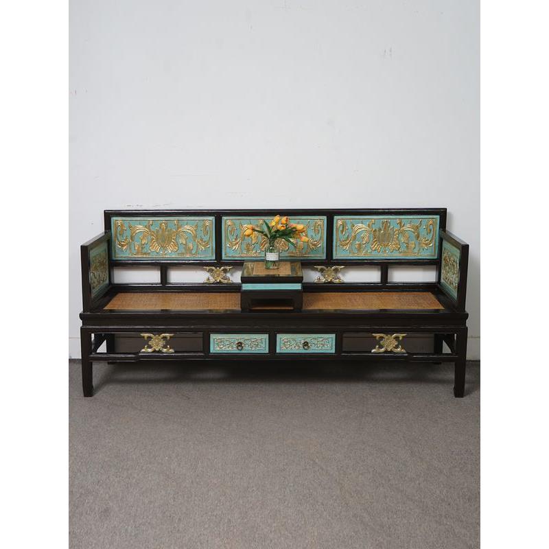 新中式实木描金雕刻榆木罗汉床贵妃榻床榻实木沙发床两用小户型