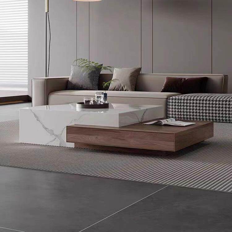 意式极简客厅家用小户型设计师天然大理石伸缩茶桌带抽屉实木茶几