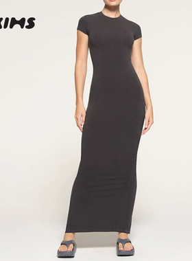 SKIMS HIRE NEW VINTAGE Long DRESS开叉螺纹包臀连衣裙短袖长裙