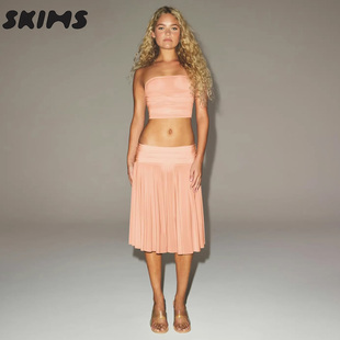 MIDI SKIMS SHEER MILKY SKIRT高腰褶皱女士半身裙过膝中裙 HIRE