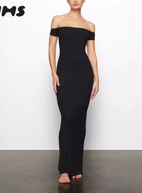 SKIMS HIRE SOFT LOUNGE一字领塑身衣修身显瘦短袖包臀及地连衣裙